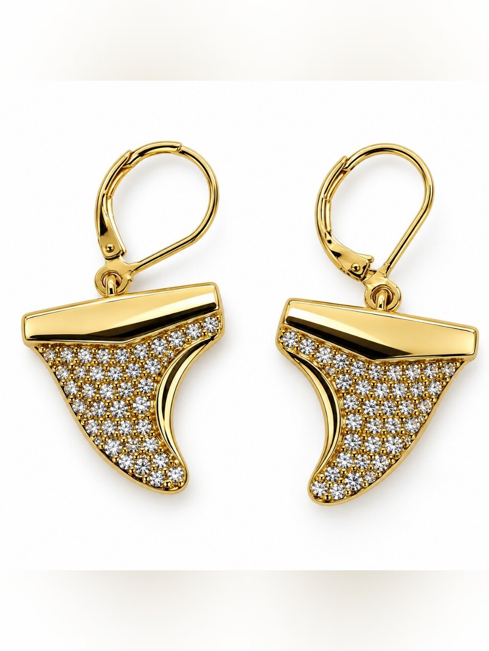 Vanity Signed V Gold Tone Rhinestone Shark Tooth Dangle Earrings 1.5"